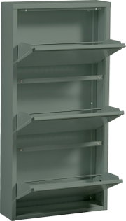 Grauer Metall-Schuhschrank mit drei nach vorne aufgeklappten Klappen und sichtbaren Innenfächern, frontal in leichter Seitenperspektive von links fotografiert