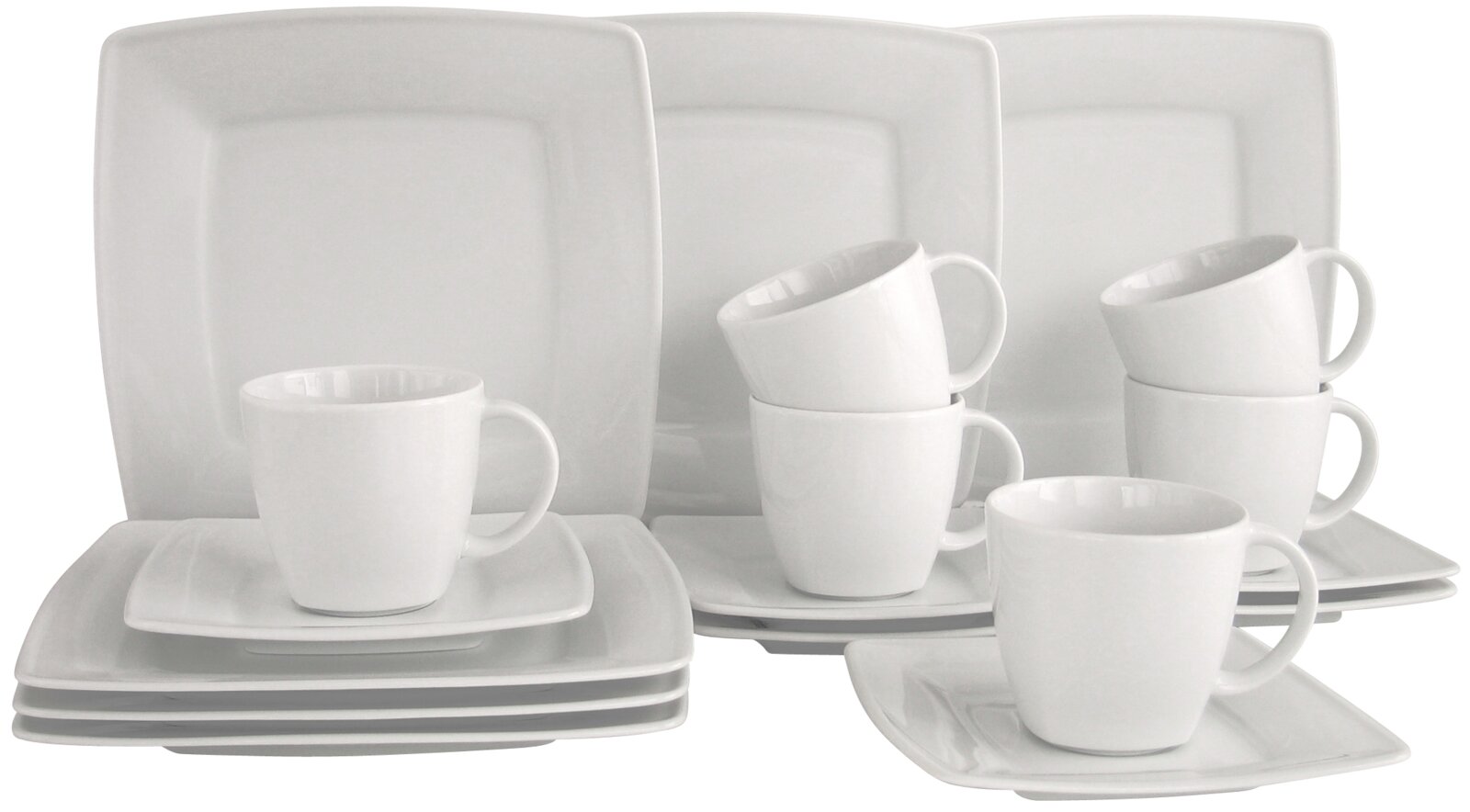 Creatable Kaffeeservice 18-tlg VICTORIA Weißes quadratisches Geschirrset mit Tellern und Kaffeetassen auf weißem Hintergrund, frontal in leichter Schrägansicht fotografiert