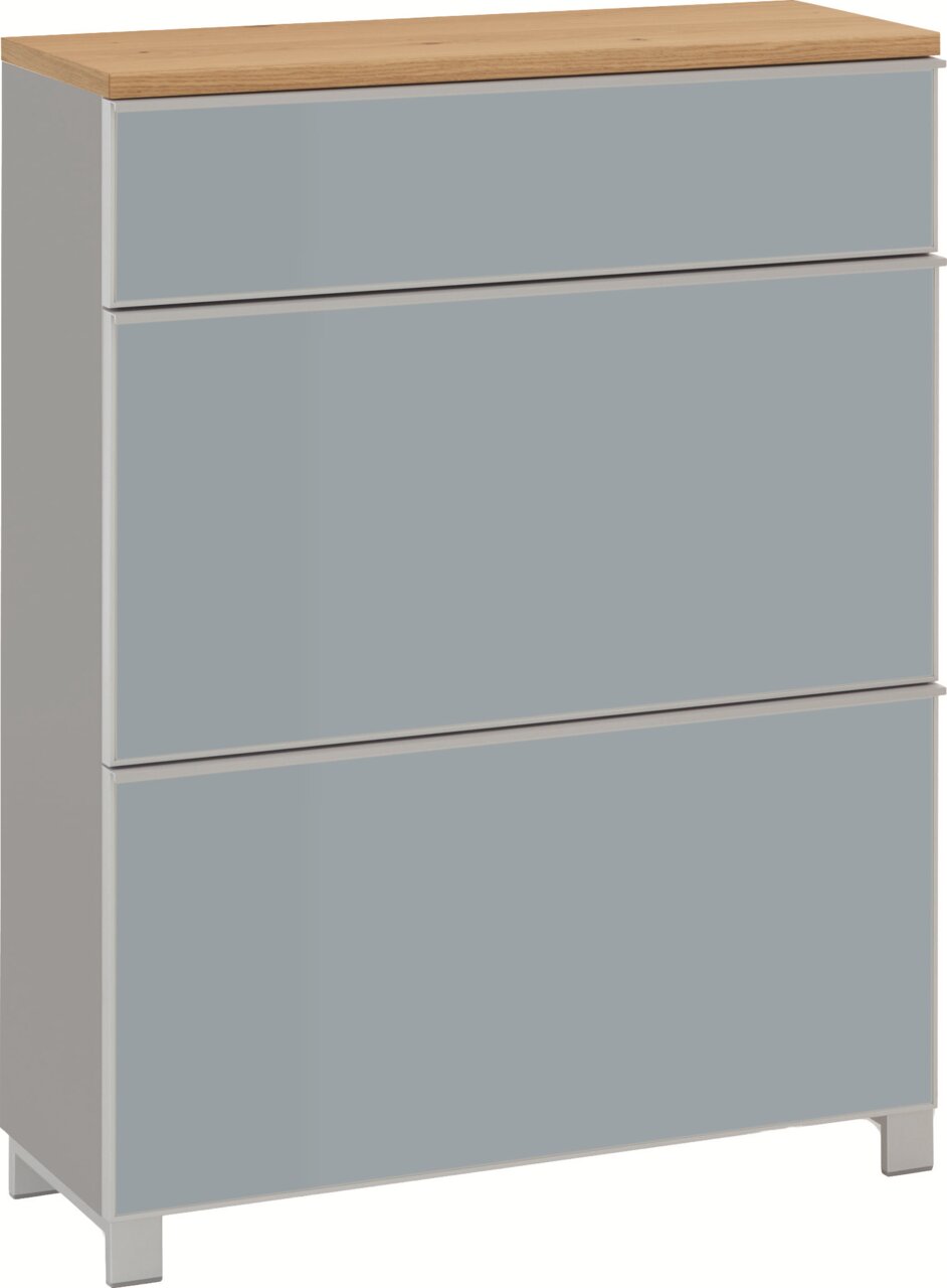 Grauer Schubladenschrank mit drei Schubladen und Holzplatte, freistehend auf Füßen, in frontaler Ansicht mit leicht seitlicher Perspektive