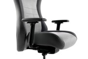 Seitliche Nahaufnahme eines Gaming Stuhls mit Armlehnen und ergonomischem Design.