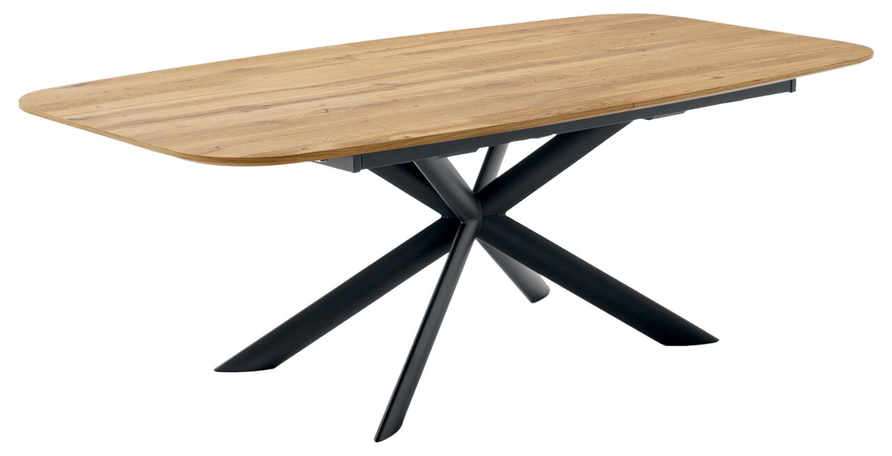 Moderner Esstisch mit Holzplatte und schwarzem Metallgestell, seitliche Perspektive
