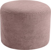 Runder, zylindrischer Pouf/Hocker aus geripptem Cordstoff in Altrosa, freigestellt auf weißem Hintergrund, Ansicht schräg von oben (3/4-Perspektive)