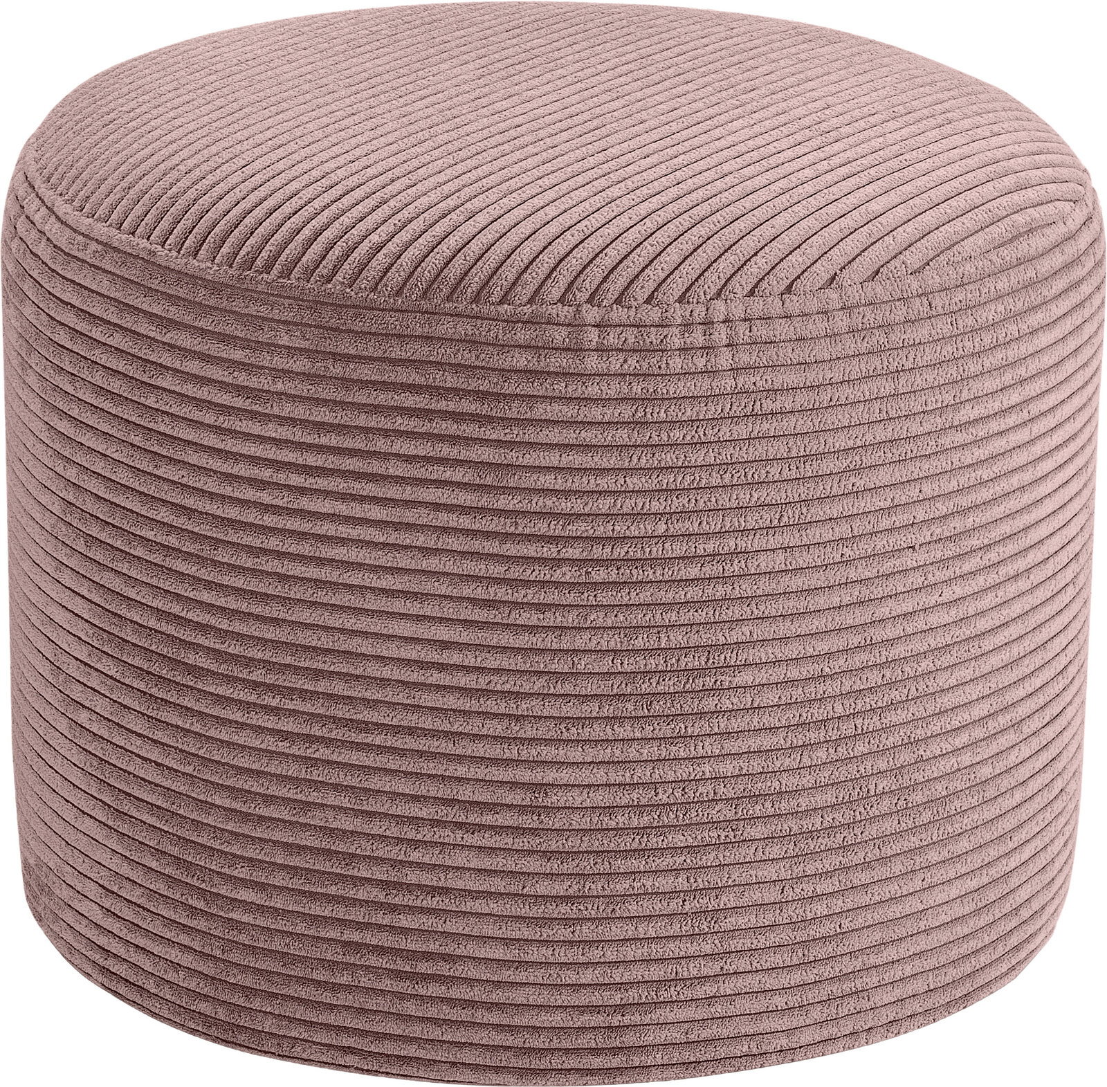 MID.YOU Hocker klein KOLO Runder, zylindrischer Pouf/Hocker aus geripptem Cordstoff in Altrosa, freigestellt auf weißem Hintergrund, Ansicht schräg von oben (3/4-Perspektive)