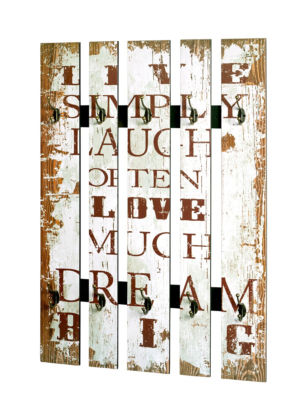 Zurbrüggen Wandgarderobe Vintage Wandgarderobe aus fünf Holzlatten mit weiß-braunem Shabby-Look, Schriftzug „Live Simply Laugh Often Love Much Dream Big“ und mehreren Metallhaken, Frontalansicht.