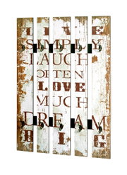 Vintage Wandgarderobe aus fünf Holzlatten mit weiß-braunem Shabby-Look, Schriftzug „Live Simply Laugh Often Love Much Dream Big“ und mehreren Metallhaken, Frontalansicht.