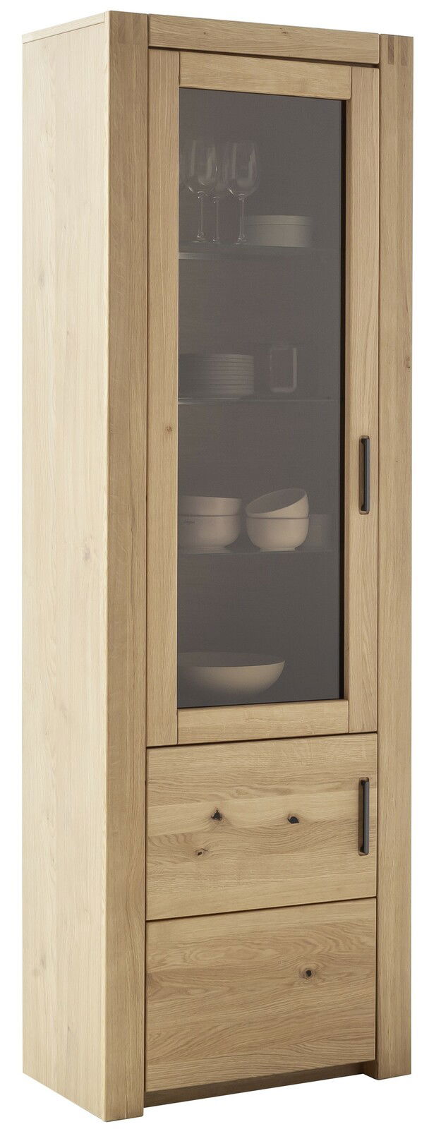 Holzvitrine mit Glastür und zwei Schubladen, gefüllt mit Geschirr, aus einer seitlichen Perspektive fotografiert.