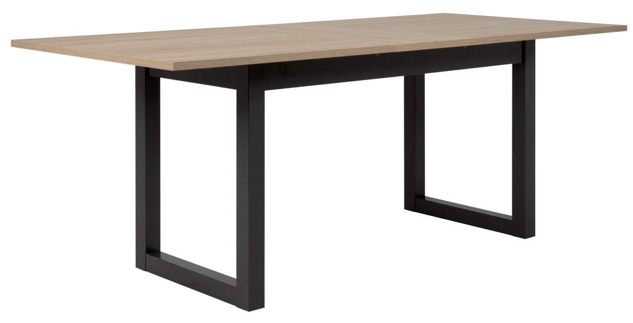 Moderne eettafel met houten blad en zwarte metalen poten, zijaanzicht