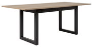 Moderner Esstisch mit Holzplatte und schwarzen Metallbeinen, seitliche Perspektive