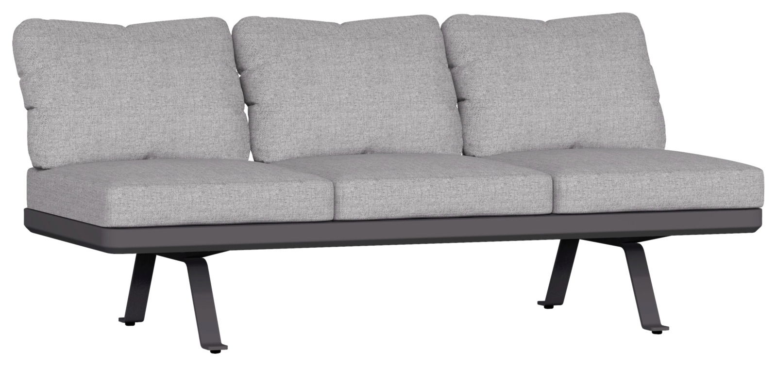 Graues 3-Sitzer Loungeelement mit gepolsterten Kissen, seitliche Perspektive