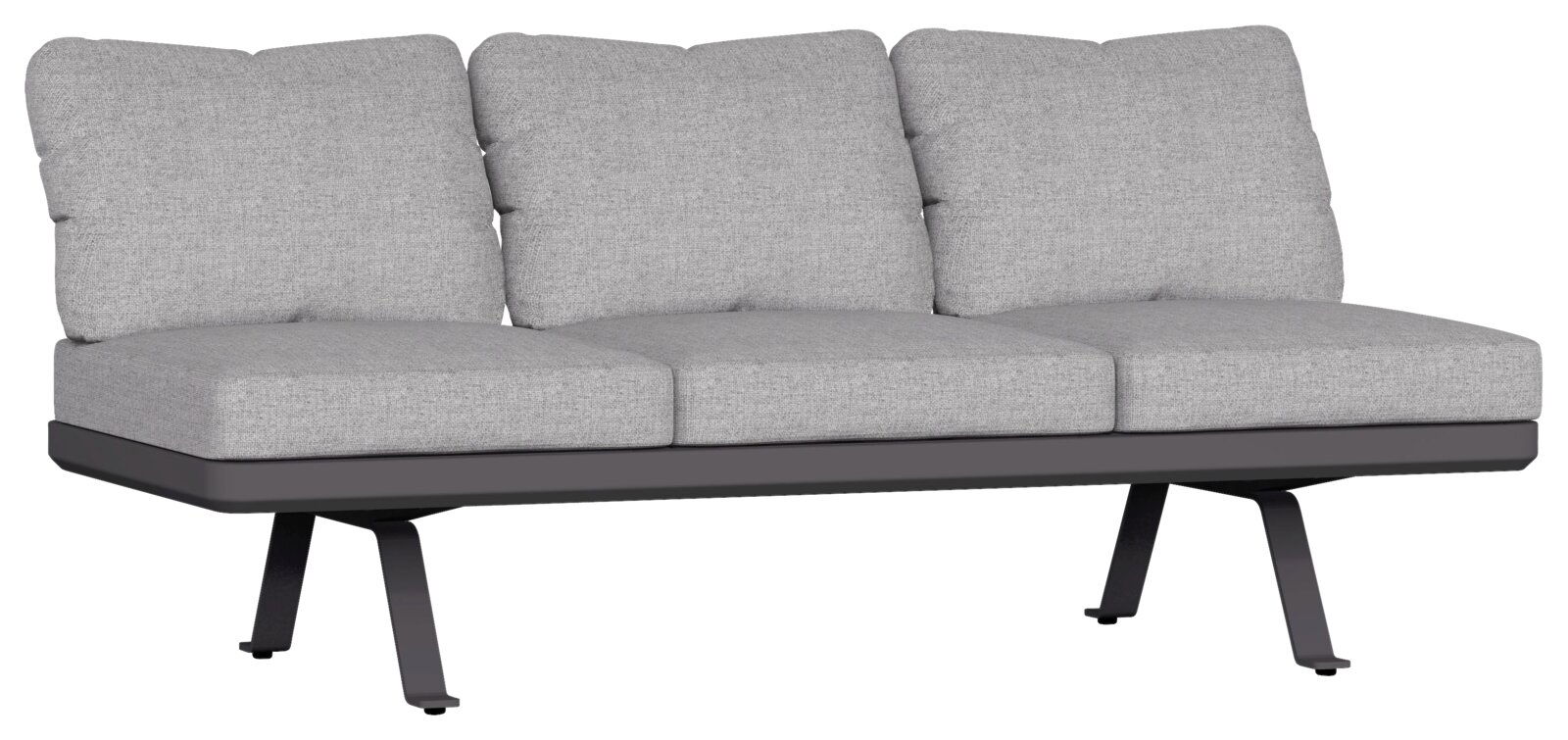 Graues 3-Sitzer Loungeelement mit gepolsterten Kissen, seitliche Perspektive
