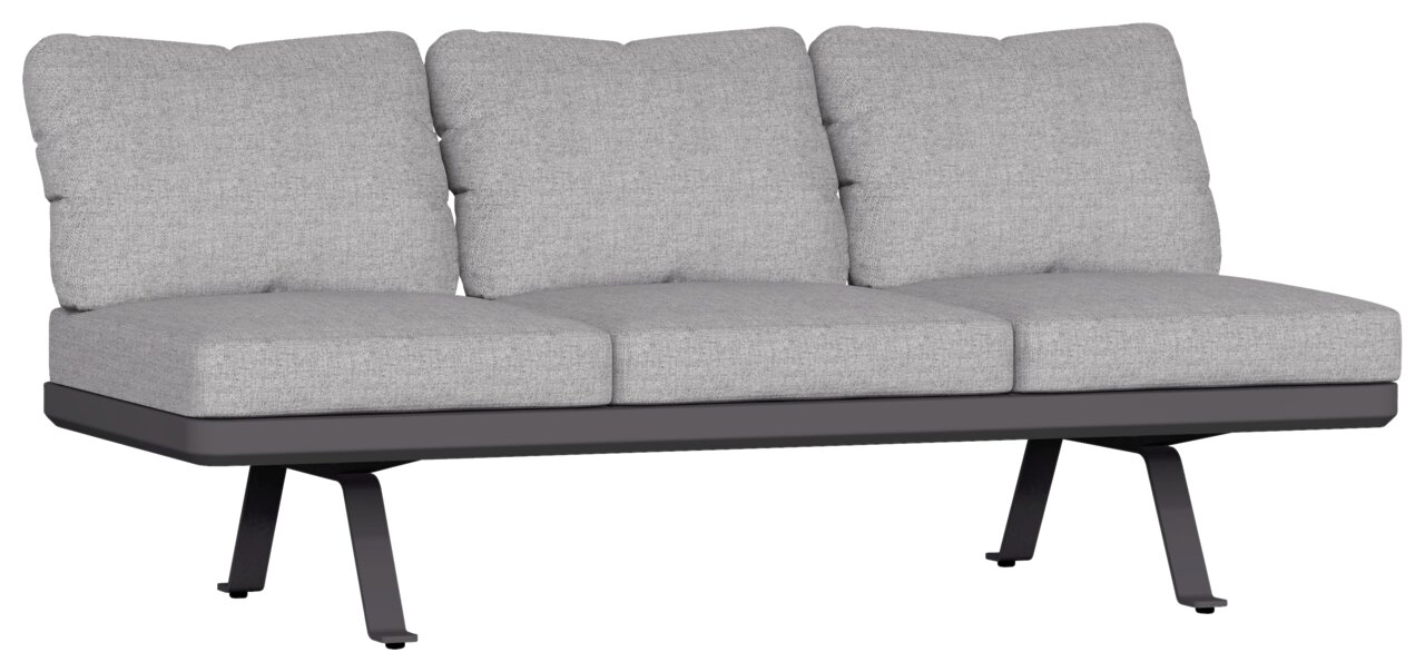 Graues 3-Sitzer Loungeelement mit gepolsterten Kissen, seitliche Perspektive