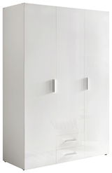 Moderner weißer Kleiderschrank mit drei Türen und zwei Schubladen, Frontansicht