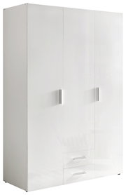 Moderner weißer Kleiderschrank mit drei Türen und zwei Schubladen, Frontansicht