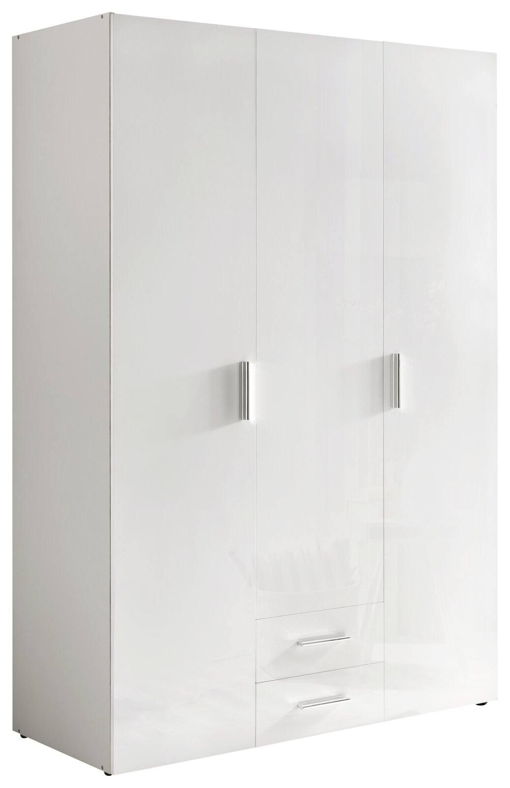 Moderner weißer Kleiderschrank mit drei Türen und zwei Schubladen, Frontansicht