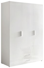 Moderner weißer Kleiderschrank mit drei Türen und zwei Schubladen, Frontansicht