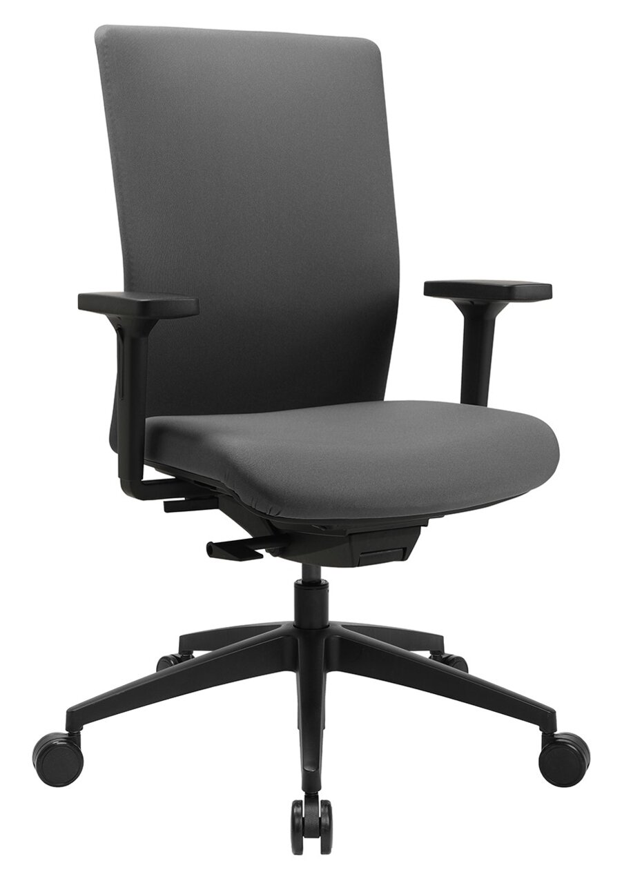 Moderne bureaustoel in zijaanzicht met verstelbare armleuningen en wieltjes, grijze stoffen bekleding.