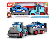 Spielzeugauto-Set bestehend aus einem blauen Rennwagen mit der Nummer 25 und einem blauen Transport-LKW mit roten Rädern, frontal und seitlich abgebildet.
