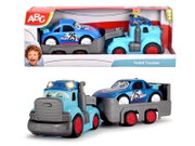 Speelgoedautoset bestaande uit een blauwe raceauto met nummer 25 en een blauwe vrachtwagen met rode wielen, afgebeeld van voren en van opzij.