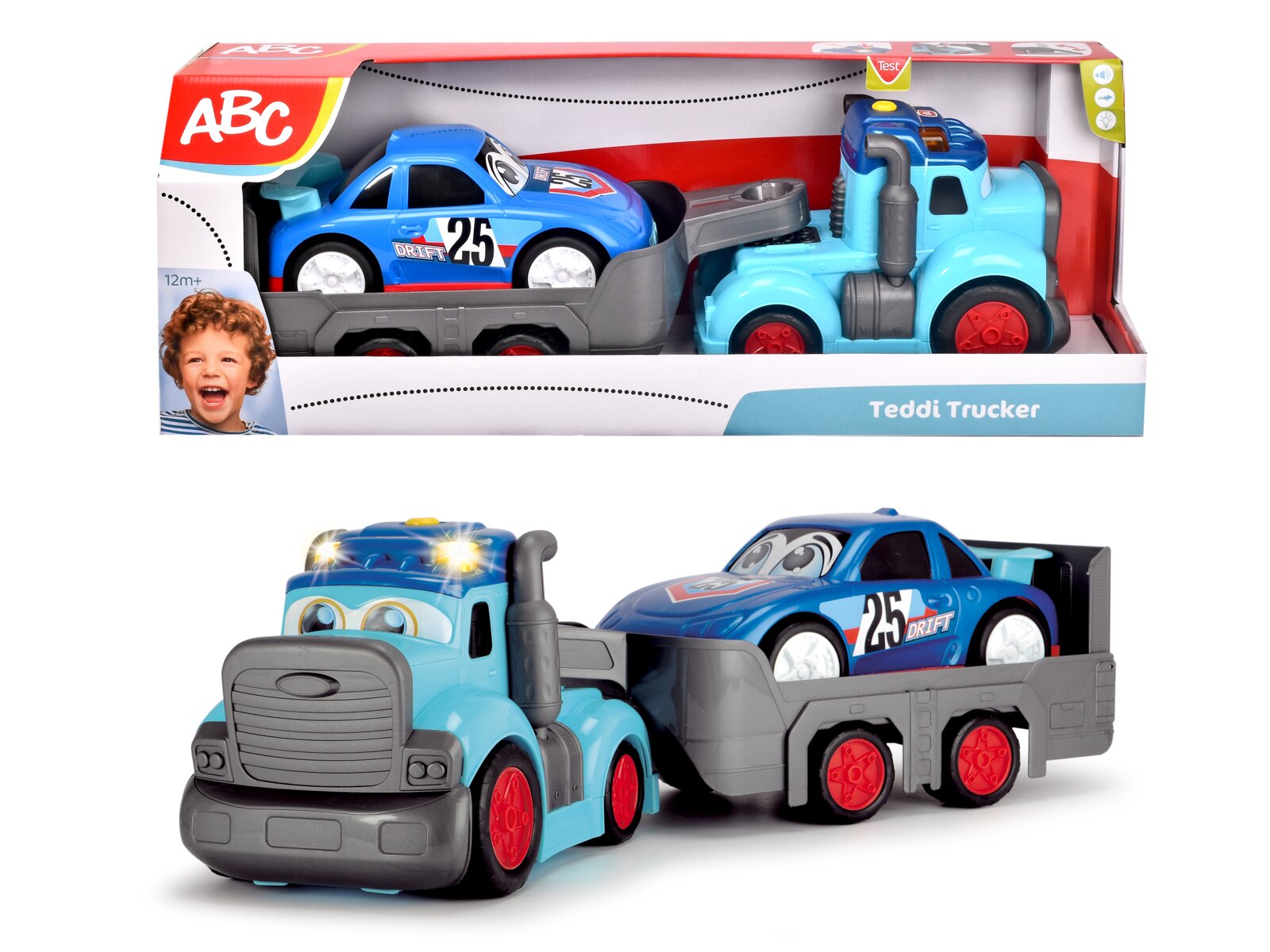 Speelgoedautoset bestaande uit een blauwe raceauto met nummer 25 en een blauwe vrachtwagen met rode wielen, afgebeeld van voren en van opzij.