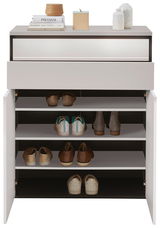 Frontale Ansicht eines modernen Garderoben-Sets mit offenen Türen, das mehrere Paar Schuhe auf Regalböden zeigt. Obenauf befinden sich dekorative Gegenstände wie Bücher und Vasen.