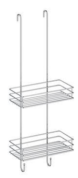 Doppelter Duschkorb aus Metall mit zwei Ablagen und Haken, seitliche Perspektive