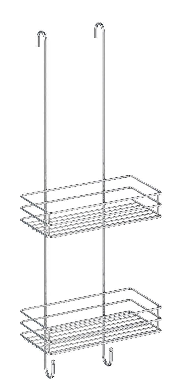 Doppelter Duschkorb aus Metall mit zwei Ablagen und Haken, seitliche Perspektive
