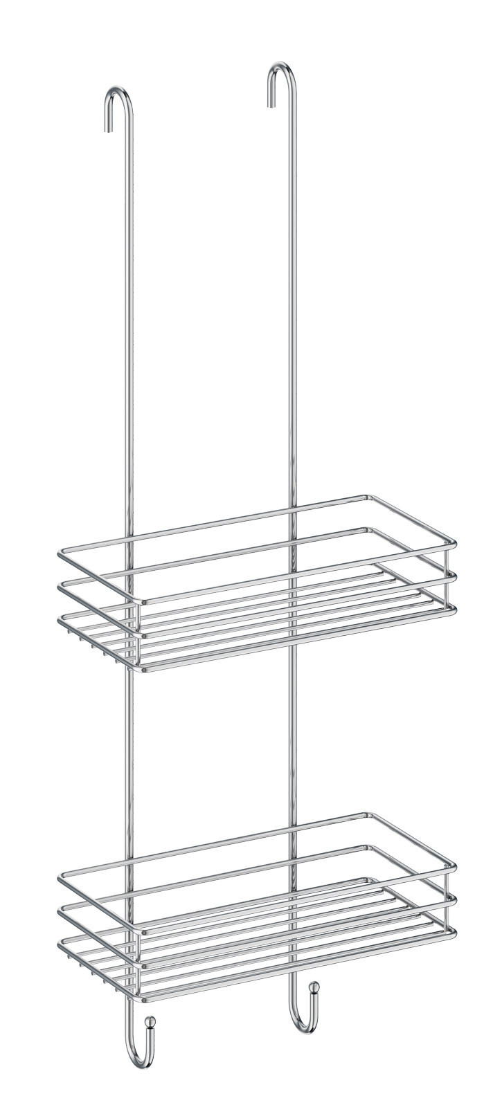 Doppelter Duschkorb aus Metall mit zwei Ablagen und Haken, seitliche Perspektive