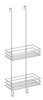 Doppelter Duschkorb aus Metall mit zwei Ablagen und Haken, seitliche Perspektive