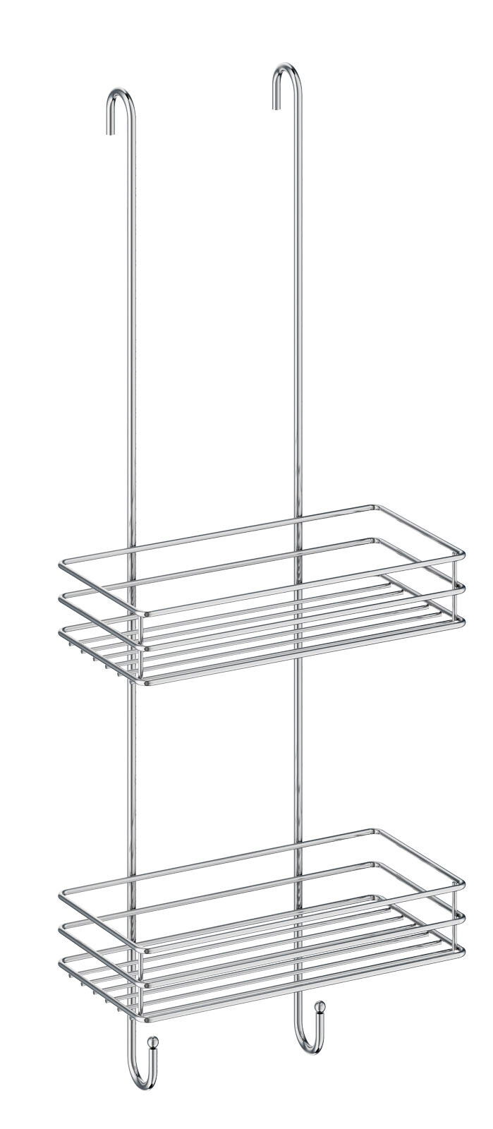 Doppelter Duschkorb aus Metall mit zwei Ablagen und Haken, seitliche Perspektive