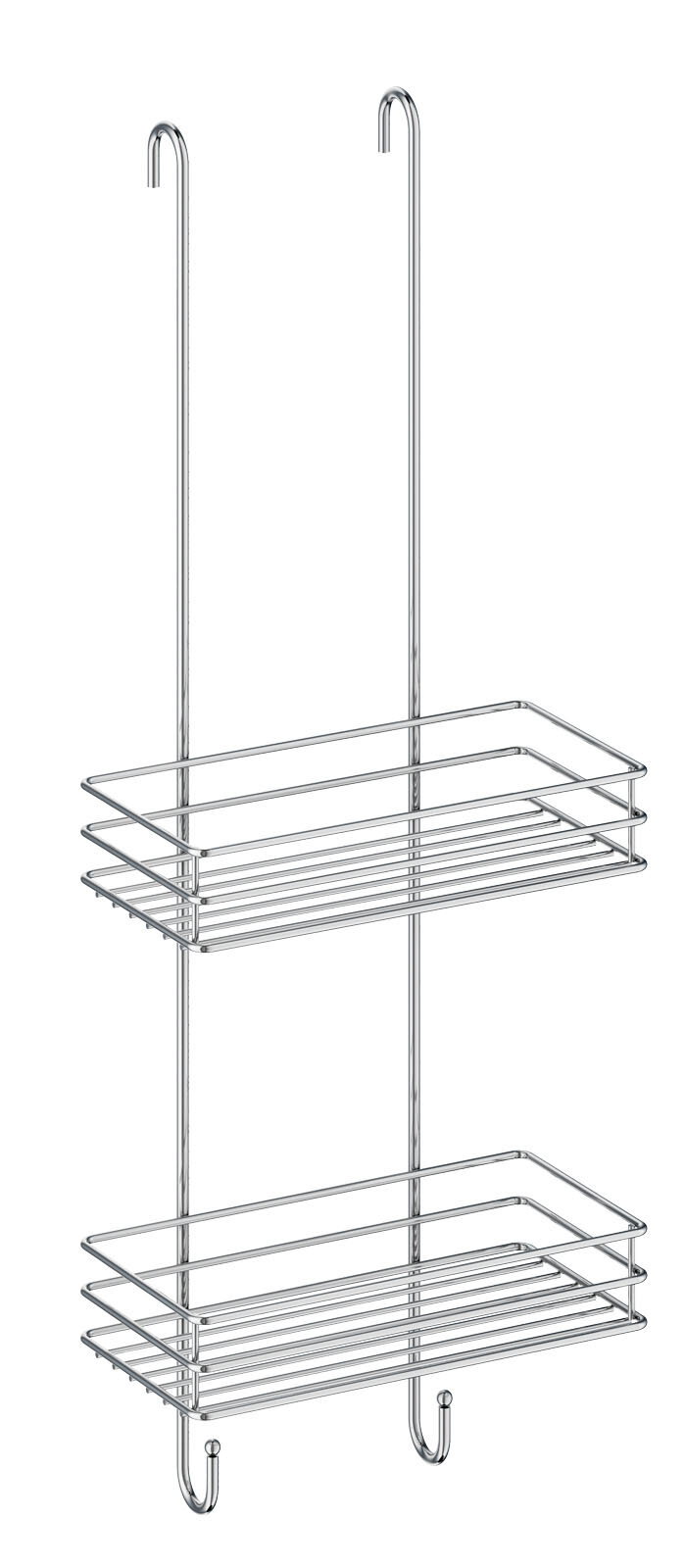 Doppelter Duschkorb aus Metall mit zwei Ablagen und Haken, seitliche Perspektive