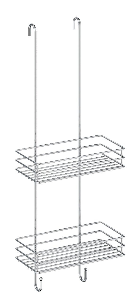 Beslagsboden Duschkorb inkl. Duschabzieher Doppelter Duschkorb aus Metall mit zwei Ablagen und Haken, seitliche Perspektive