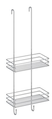 Doppelter Duschkorb aus Metall mit zwei Ablagen und Haken, seitliche Perspektive