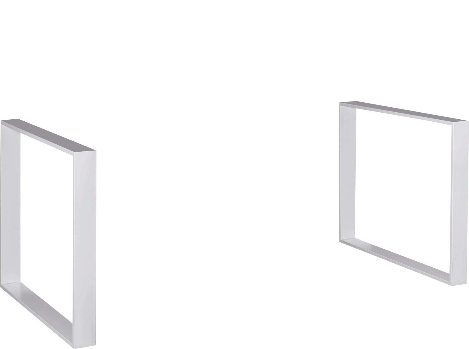 Zwei silberne Metallbeine in rechteckiger Form, frontal und seitlich betrachtet, für Möbelkonstruktionen geeignet.