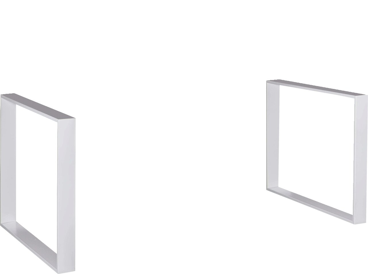 Zwei silberne Metallbeine in rechteckiger Form, frontal und seitlich betrachtet, für Möbelkonstruktionen geeignet.