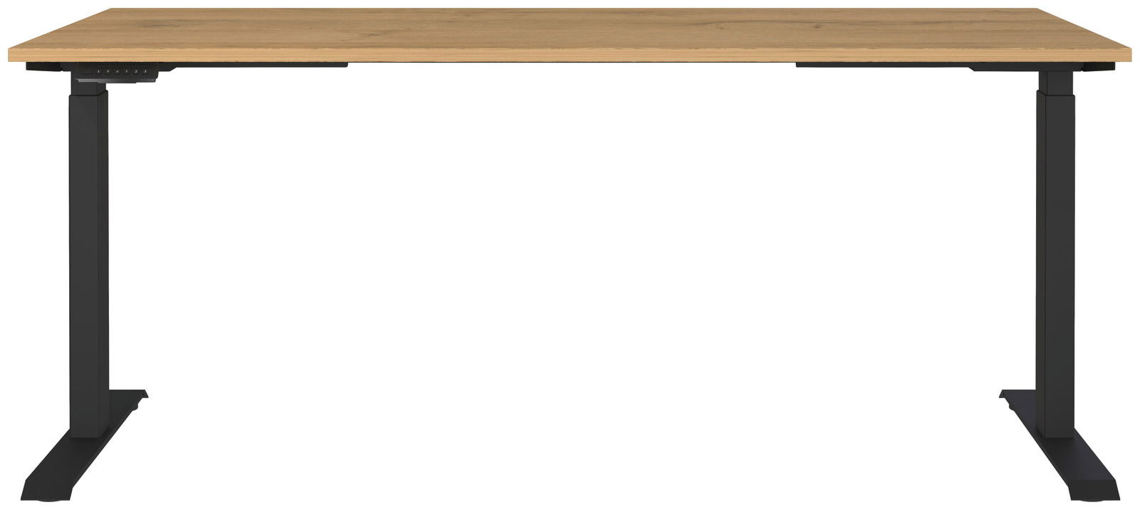 Elektrisch höhenverstellbarer Schreibtisch mit Holzplatte und schwarzen Metallbeinen, Frontalansicht