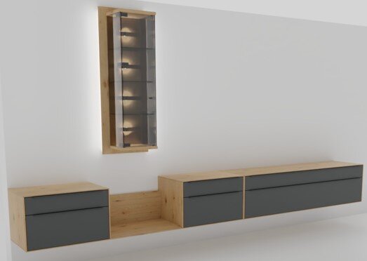 Modernes, wandhängendes Wohnzimmermöbel-Set aus hellem Holz und anthrazitgrauen Fronten mit Hängeschrank/Vitrine mit Glasfront und LED-Beleuchtung sowie zwei Lowboard-Elementen, frontale Ansicht leicht von rechts.