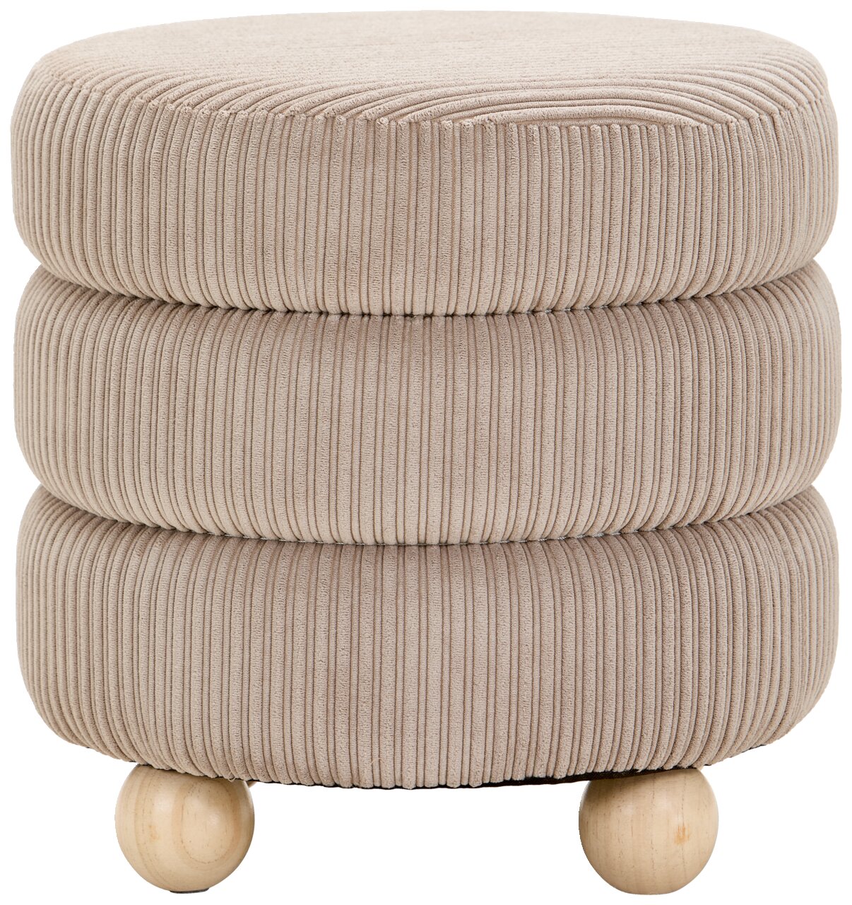 XORA Kruk MOLLY Ronde, beige gestoffeerde poef met geribbelde stof en drie op elkaar liggende kussens, staande op houten poten, zijaanzicht.