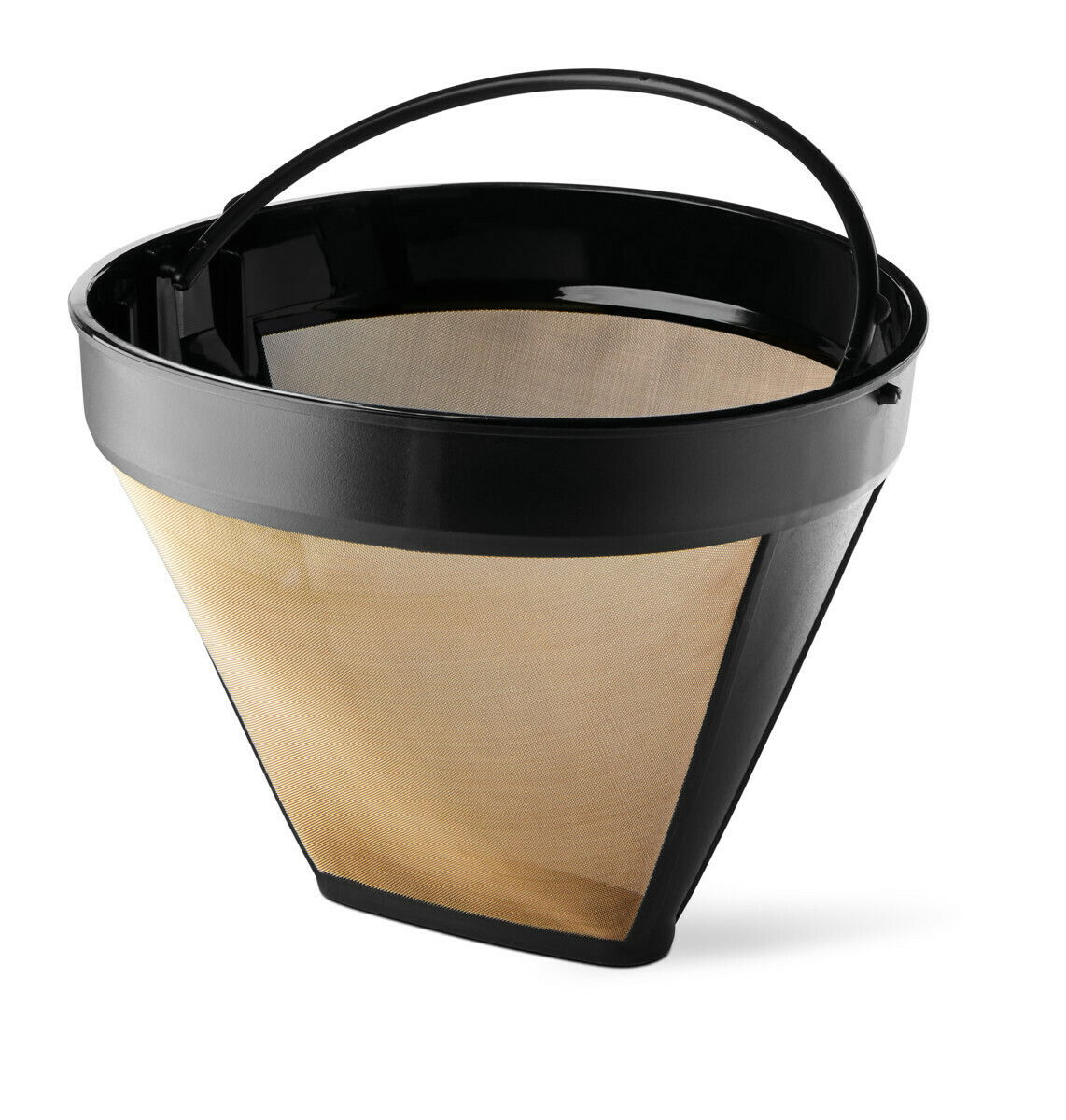 Nahaufnahme eines wiederverwendbaren Kaffeefilters mit schwarzem Rand und goldfarbenem Netz, seitliche Perspektive
