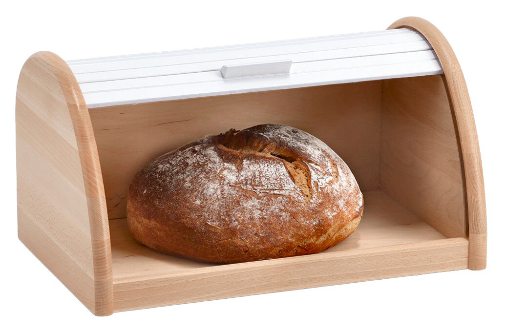 Rollbrotkasten aus Holz mit weißem Rolldeckel, gefüllt mit einem Laib Brot, in Frontalansicht.