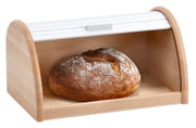 Rollbrotkasten aus Holz mit weißem Rolldeckel, gefüllt mit einem Laib Brot, in Frontalansicht.