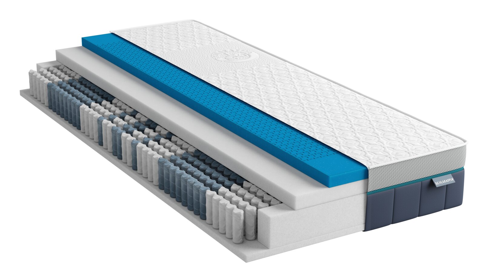 Schlaraffia TTFK-Matratze H3 PURE COMFORT TTFK Schlaraffia Matratze im perspektivischen Schichtaufbau mit Taschenfederkern, weißen Komfortlagen, blauer Schaumschicht und strukturierter Liegefläche, schräg von vorne oben gezeigt