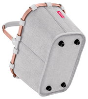 Grauer, kompakter Einkaufskorb mit roségoldenem Rahmen, von unten betrachtet.