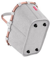 Grauer, kompakter Einkaufskorb mit roségoldenem Rahmen, von unten betrachtet.