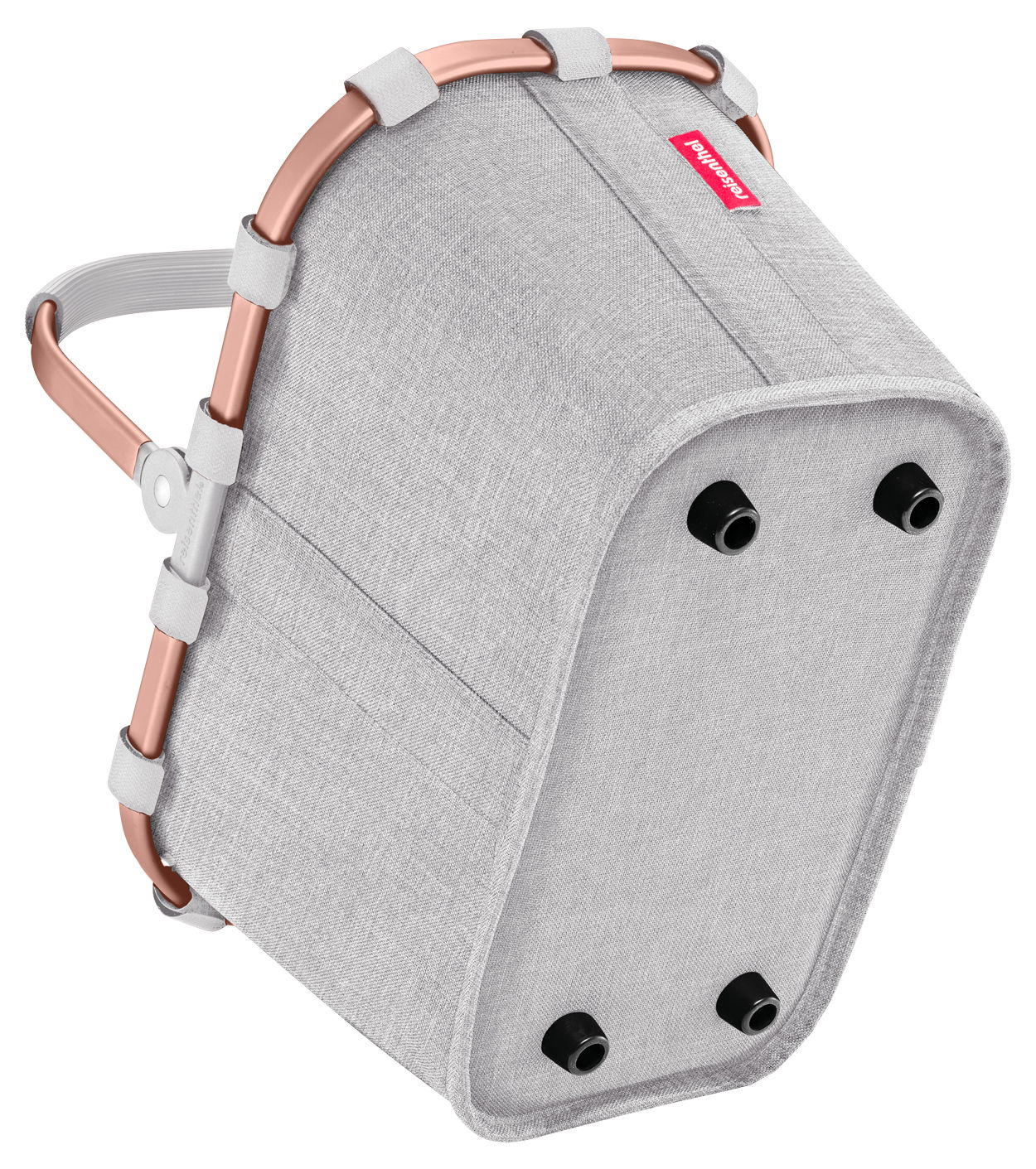 Grauer, kompakter Einkaufskorb mit roségoldenem Rahmen, von unten betrachtet.