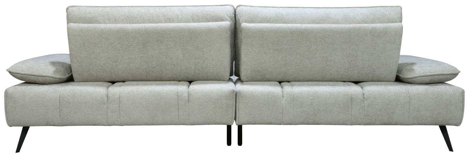 Rückansicht einer modernen Longchairkombination in hellgrauem Stoff mit verstellbaren Rückenlehnen und schwarzen Metallfüßen.