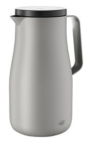 Silberne Isolierkanne Studio mit schwarzem Deckel und Griff, seitliche Perspektive