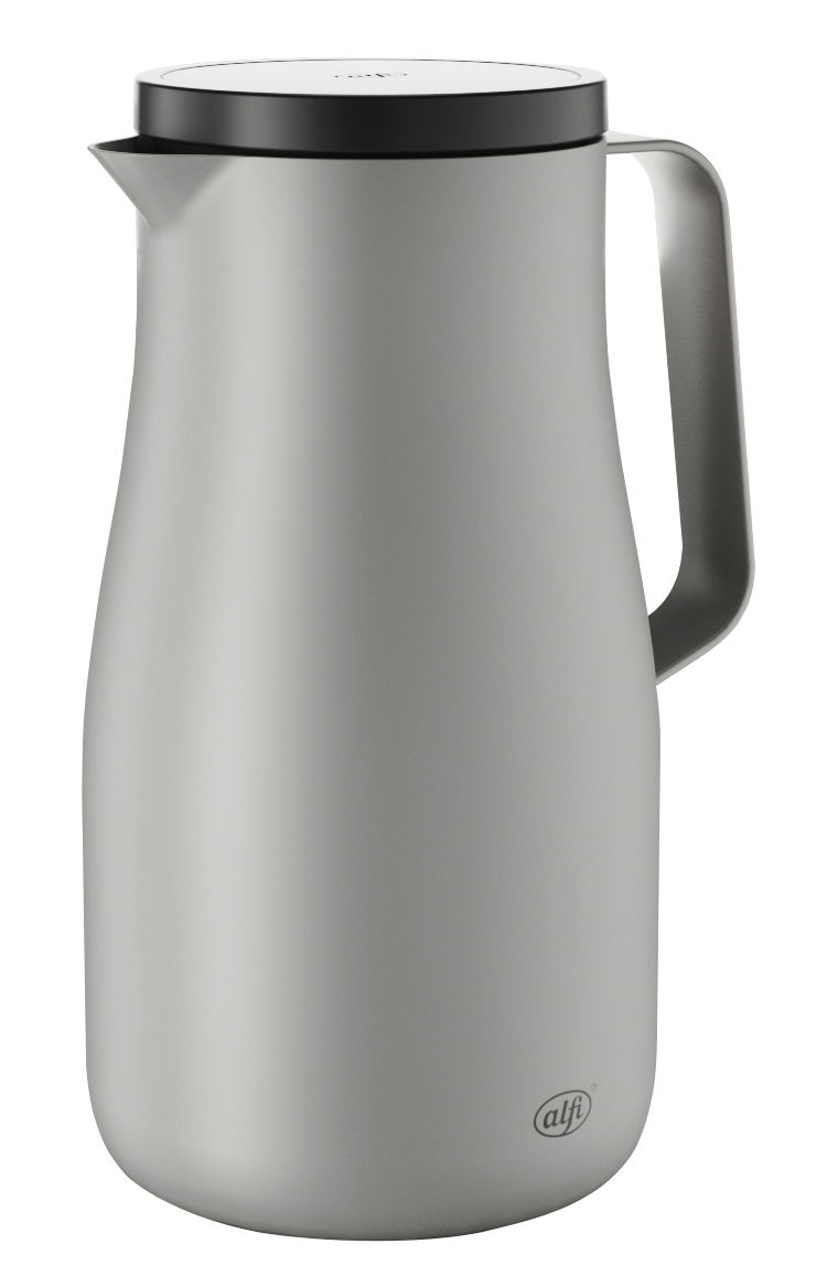 Silberne Isolierkanne Studio mit schwarzem Deckel und Griff, seitliche Perspektive