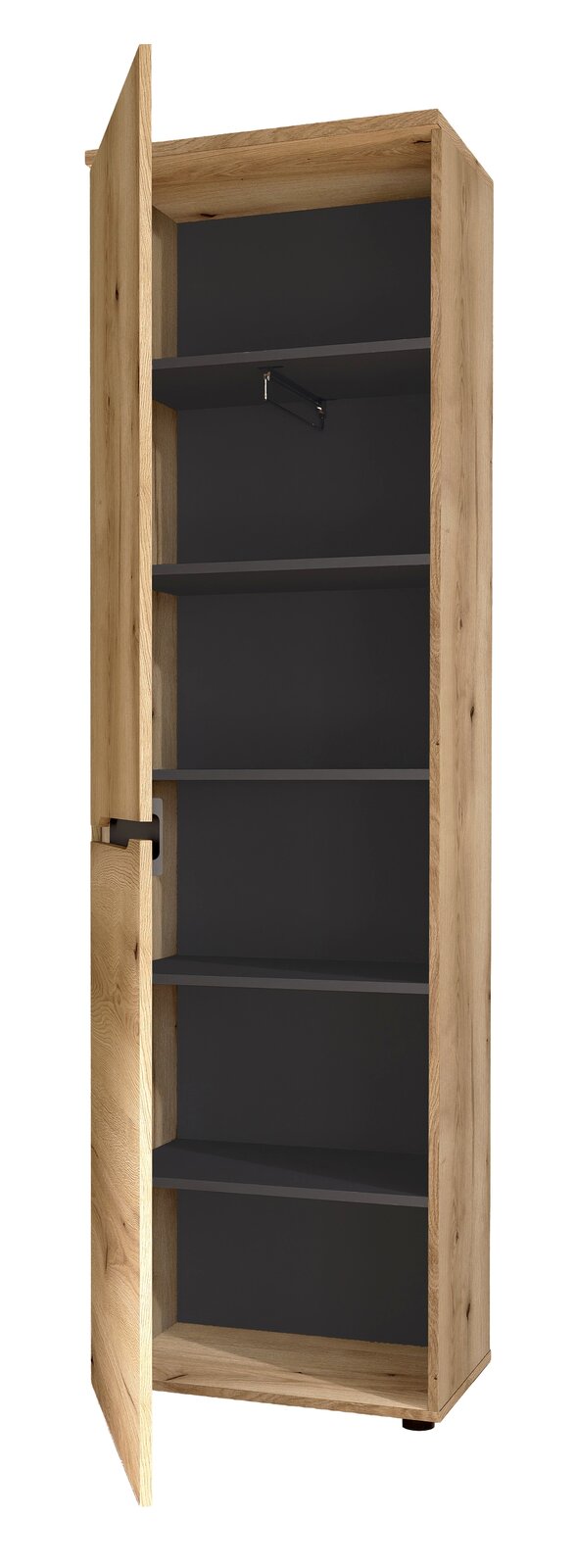 Offener Holzschrank mit mehreren Regalböden, seitliche Perspektive