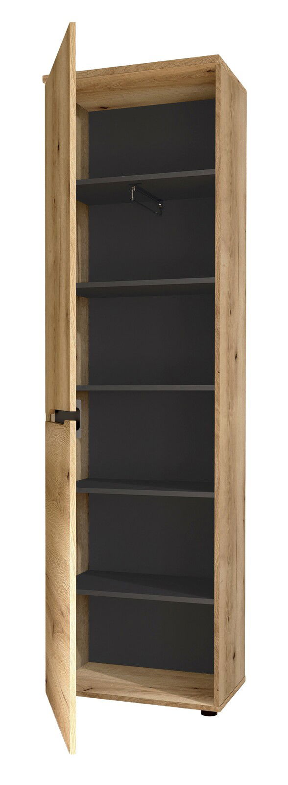 Offener Holzschrank mit mehreren Regalböden, seitliche Perspektive