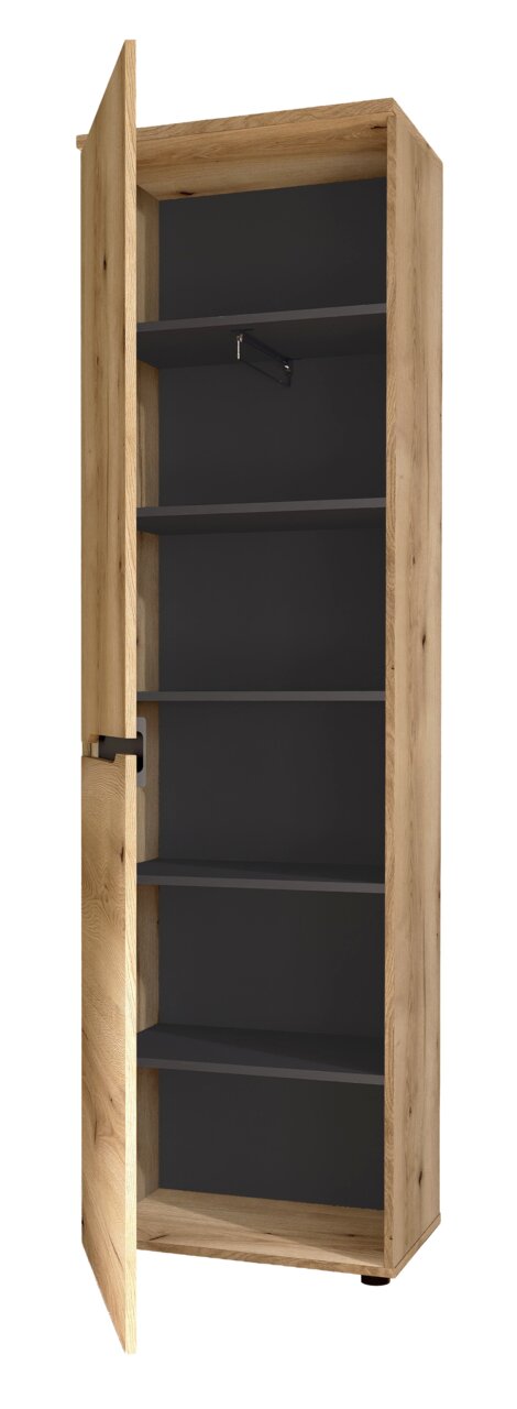 Offener Holzschrank mit mehreren Regalböden, seitliche Perspektive